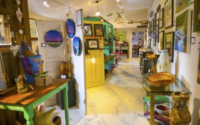 An interior view of a shop with several paintings on the walls and displayed on shelves along with various bowls, vases and other pieces of decor.