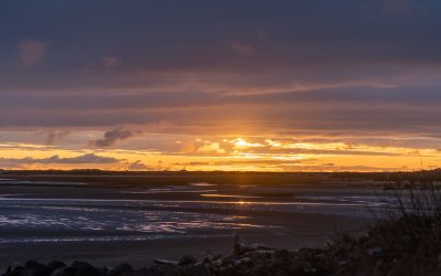 A sprawling view of the sun setting in the distance over a beach at Tokeland.